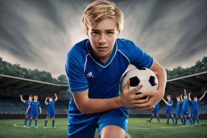 mladi fudbaler sa loptomu ruci