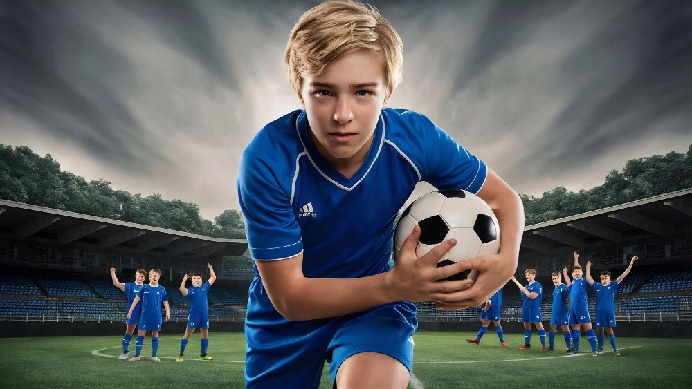 mladi fudbaler sa loptomu ruci